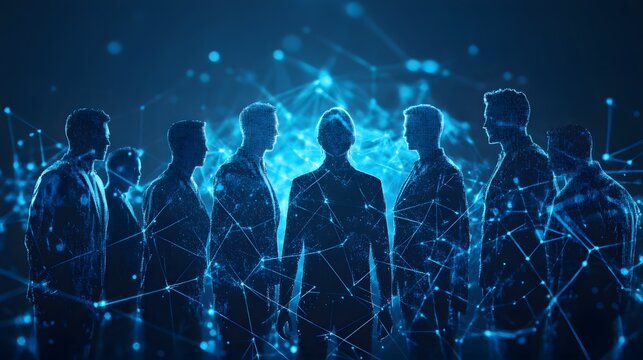 Sleek 3D render of digital human resources, diverse avatars in a group huddle raising hands, clean geometric lines, corporate dark mode presentation theme