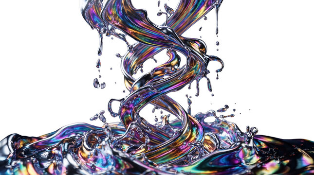 Iridescent liquid splash with rainbow reflection, metallic fluid swirl movement, dynamic glossy chrome wave artwork isolated PNG with Transparent Background