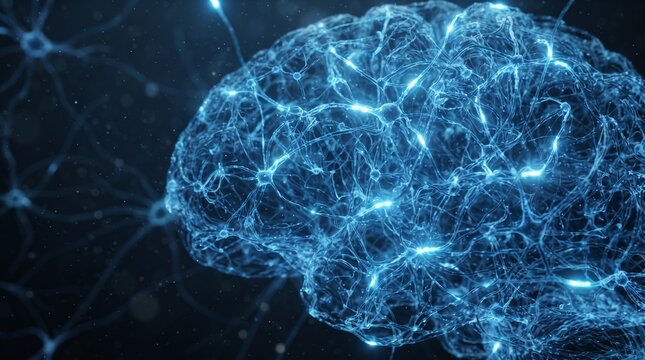 Human brain glowing with neural network activity and electrical impulses in digital space