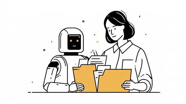 A specialist oversees a robot as it mistakenly places a document in the wrong folder at a desk in an office environment.