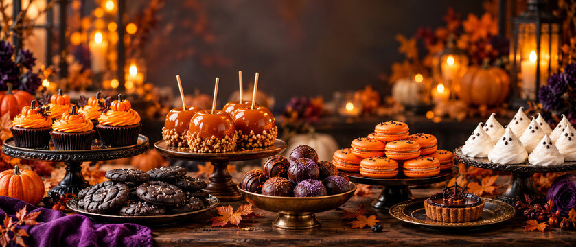 Halloween sweets arranged on a festive dessert table with cupcakes, caramel apples, macarons and cookies. Seasonal treats for a Halloween party. Autumn baking and celebration. Sweet buffet.