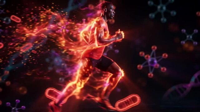 Powerful athlete running with ATP cellular energy visualization
