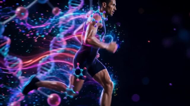 Strong Athlete Running with ATP Molecular Energy Visualization