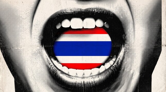 A person's open mouth screaming with the flag of Thailand inside, depicting a powerful expression of national identity or protest.