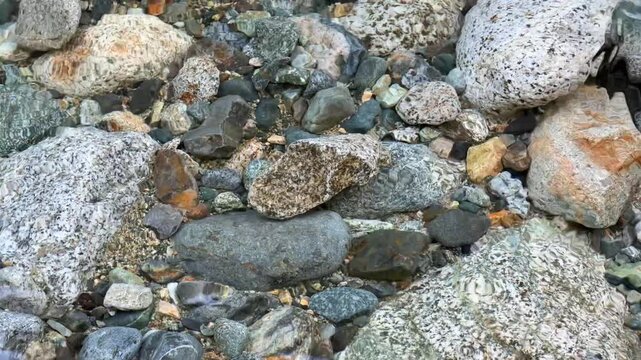 Colorful smooth pebbles and stones underwater in a crystal-clear river at Lynn Canyon in Vancouver, showing rounded rocks through transparent shallow water.