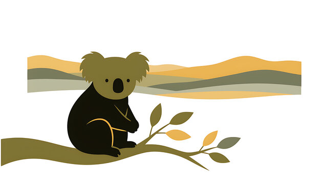 Flat vector illustration of a cute koala sitting on a tree branch with eucalyptus leaves in a minimalist Australian landscape isolated on a white background.
