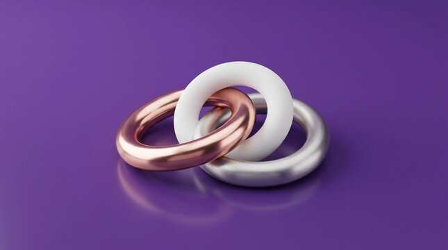 Interlocking metallic rings featuring white matte and glossy rose gold finishes resting gracefully upon a vibrant purple studio background creating abstract geometric harmony