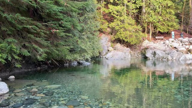 Calm emerald pool of clear water surrounded by rocks and pine forest at Lynn Canyon in Vancouver, with reflections and a bench on the tranquil shoreline.