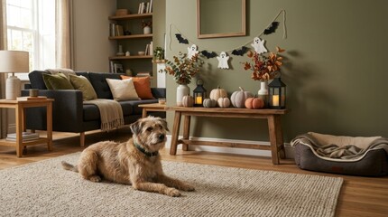Plakat Dog and cat relaxing together in a cozy Halloween home