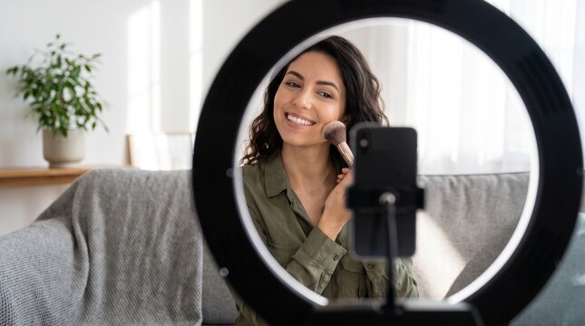 Smiling young woman applying makeup in front of a ring light and smartphone, recording a beauty tutorial at home.