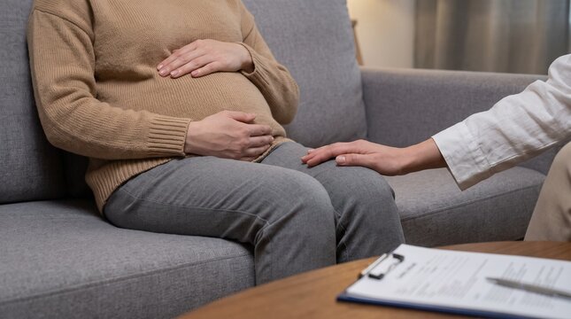 Pregnant woman receiving support from a healthcare professional during a consultation on a sofa.