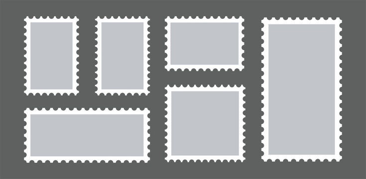  postage stamp frames. Set of blank rectangle, and square Postage stamp frames. Blank postage mail sticker, empty rectangular paper envelope post borders with postmark.