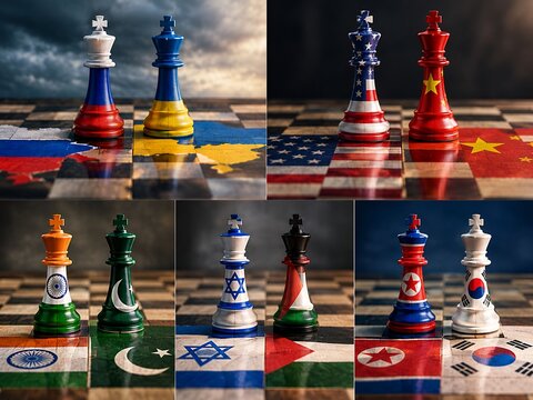 Global Geopolitical Conflict Collage. Foreign policy, military strategy, diplomatic negotiations, territorial disputes, economic competition, national sovereignty, regional stability and conflict