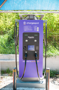 KULATA, BULGARIA &ndash; AUGUST 20, 2026: Chargespot electric vehicle charging station near the Travel FREE shop on the route to Greece.