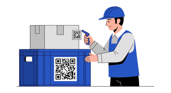 Warehouse Worker Scanning QR Code on Package for Inventory Management and Logistics Distribution Flat Illustration