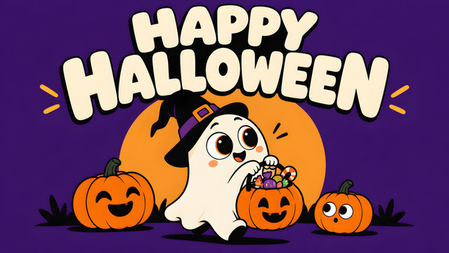 Cute cartoon ghost wearing a witch hat trick or treating with pumpkins on a purple background for halloween celebration