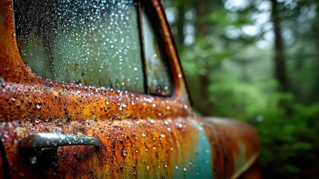 Close-up of a rusty car door and window with raindrops, set against a blurred green forest. The concept of abandonment and aging