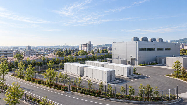 都市近郊のデータセンターとBESSを望む春の斜め空撮