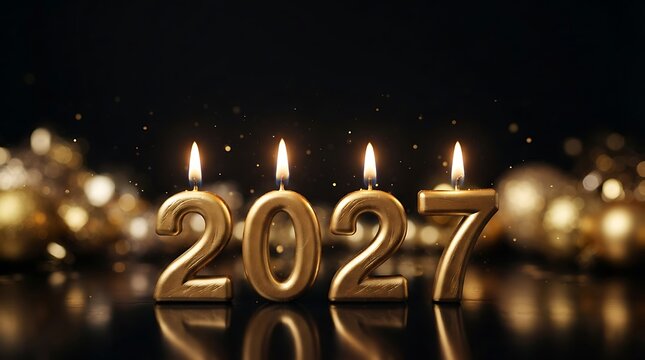 Golden 2027 numeral candles lit for new year celebration on reflective dark surface with gold numbers celebration reflection background greeting sparkles composition tradition expectancy