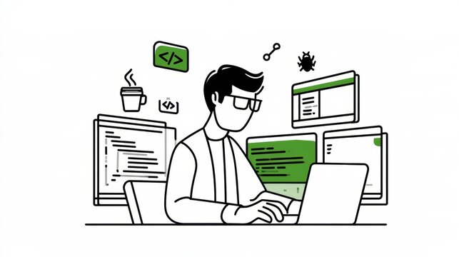 Developer focuses on coding with multiple screens, coffee cup nearby, and programming elements floating in minimalist line art design.