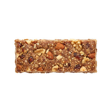 Granola bar containing mixed nuts, seeds, and dried fruits viewed from directly above on transparent background