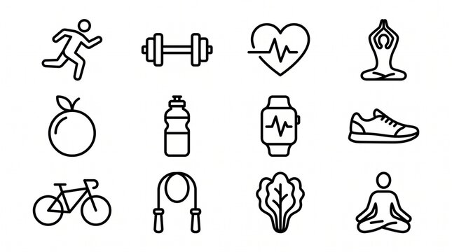 Simple outline icon set for health and fitness category with consistent strokes, clean minimal monochrome design
