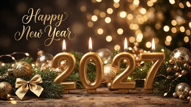 Happy new year 2027 golden candle display with festive decorations and glowing bokeh gold numbers decoration celebration christmas background evergreen greeting sparkles atmosphere ornaments