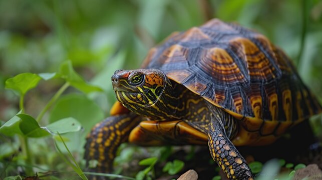 Close-up Portrait of a Colorful Turtle Among Lush Green Foliage