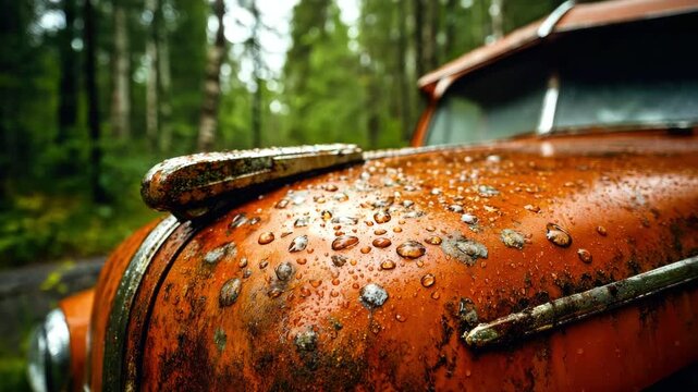 An abandoned, rusty car in the forest in the rain. Concept of aging, degradation, and metal corrosion