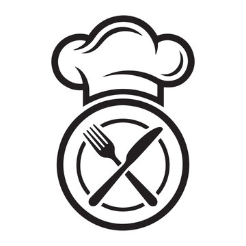 Restaurant logo Chef hat and crossed cutlery sign black and white vector graphic design icon symbol.