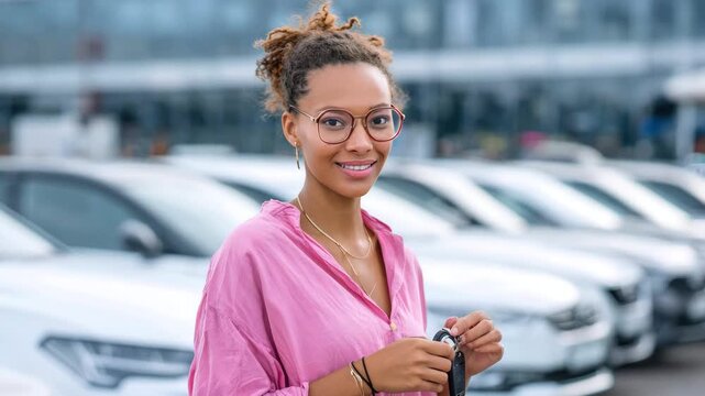 A smiling young woman holds car keys against the backdrop of a row of white cars. The concept of buying, renting, and leasing