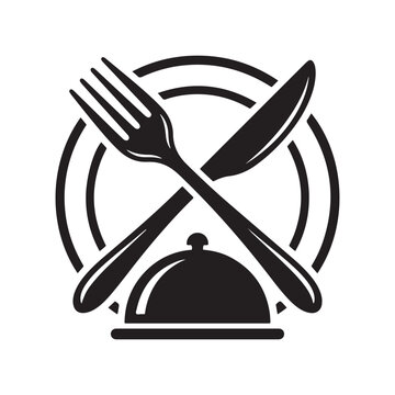 Restaurant logo Chef hat and crossed cutlery sign black and white vector graphic design icon symbol.