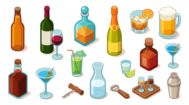 Assortment of alcoholic beverages bottles and bar accessories for celebration.
