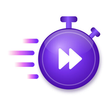 Glossy violet stopwatch button with fast forward symbol and speed lines