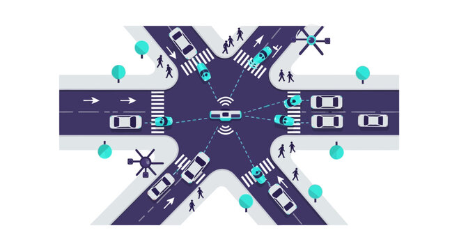 Smart City Traffic Management System with Autonomous Vehicles and Connected IoT Technology Illustration