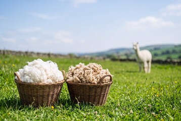 Fototapeta premium Mid-range still-life of baskets filled with raw alpaca fleece on green grass with a blurred alpaca in the background, providing copy space for textile banners.