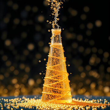 Abstract golden spiral sculpture formed by shimmering light on dark festive surface.