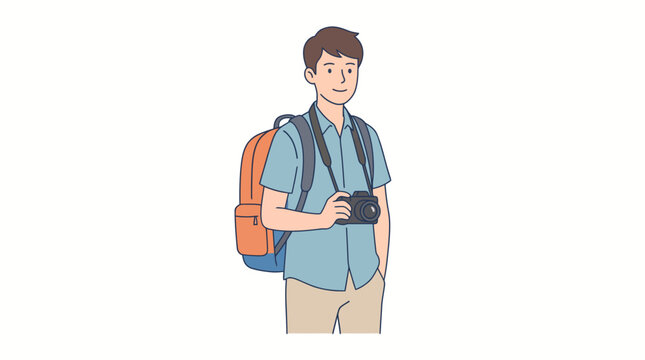 Young male tourist standing with backpack and camera on white background