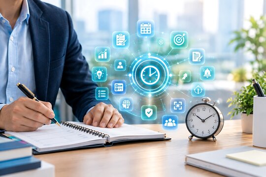 Businessman writing in notebook with alarm clock and virtual icons representing time management.