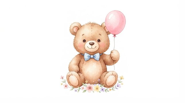 Cute Watercolor Teddy Bear with Blue Bow Tie Holding Pink Balloon Sitting on Spring Flowers, Sweet Pastel Illustration Isolated on White Background for Baby Shower and Birthday Card