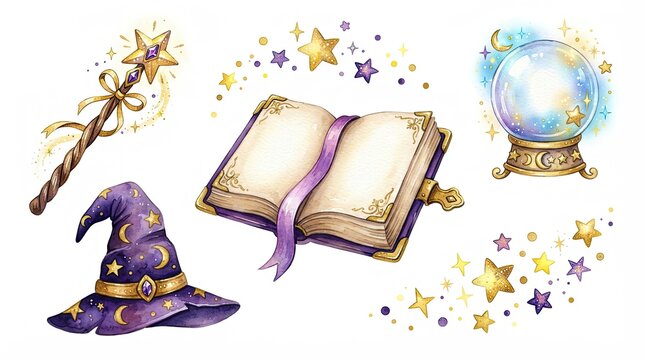 Watercolor Magic Wizard Clipart Set with Sparkling Magic Wand, Open Spell Book, Crystal Ball, Purple Wizard Hat and Golden Stars Isolated on White Background for Fantasy and Halloween Designs
