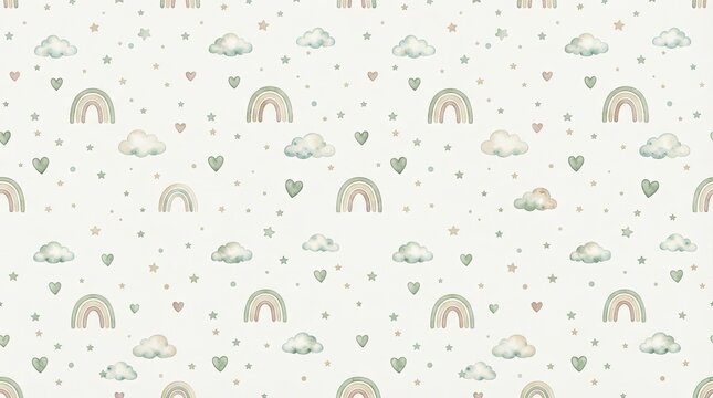 Boho Watercolor Seamless Pattern with Neutral Rainbows, Clouds and Hearts on Cream Background, Minimalist Sage Green and Beige Baby Nursery Print for Fabric, Wallpaper and Wrapping Paper
