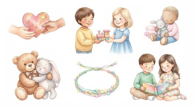 Watercolor Friendship and Kindness Clipart Set with Kids Sharing Gift, Hands Holding Heart, Teddy Bear Hugging Bunny, Friendship Bracelet and Children Reading Book Isolated on White Background