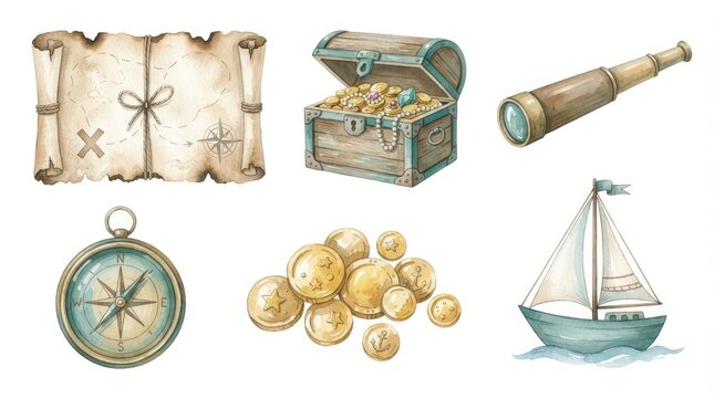 Watercolor Pirate Treasure Adventure Clipart Set with Vintage Treasure Map, Treasure Chest, Gold Coins, Spyglass, Compass and Sailboat Isolated on White Background for Kids Birthday Party