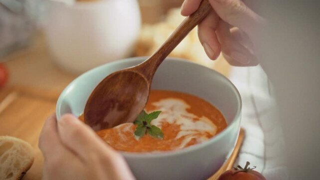 A woman eats homemade tomato soup from a blue bowl with a wooden spoon. Fresh white bread on the wooden table. Warm soup in a cool bowl. Idea of healthy seasonal homemade nutrition