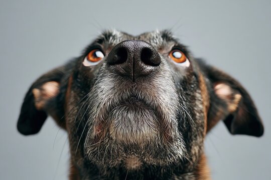 Close up headshot monochromatic background portrait of an eager Belgian Malinois shepherd guard dog