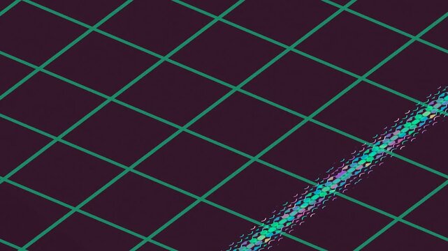 Green grid and colorful pixelated strip scrolling on dark background