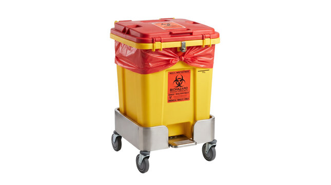 Yellow biohazard waste container on wheels for medical disposal as PNG element