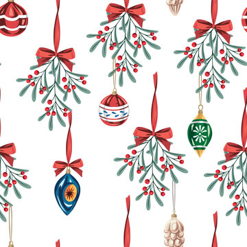 Christmas mistletoe branch, red ball, baw seamless pattern. Winter holiday wallpaper.	
