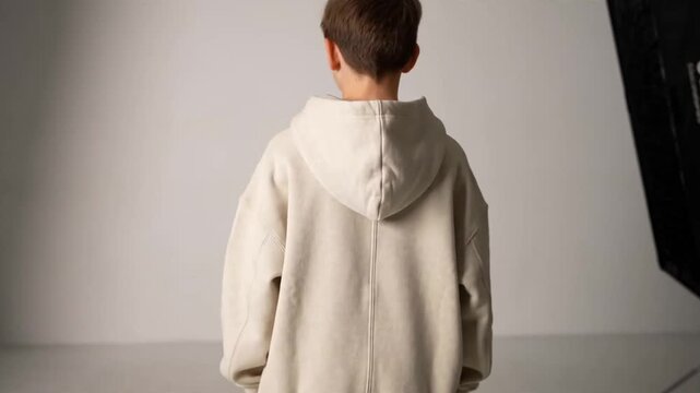 Child wearing oversized beige sweatshirt mockup in studio